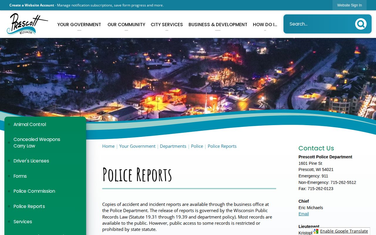 Pierce County Prescott Police Department records request page for arrest reports